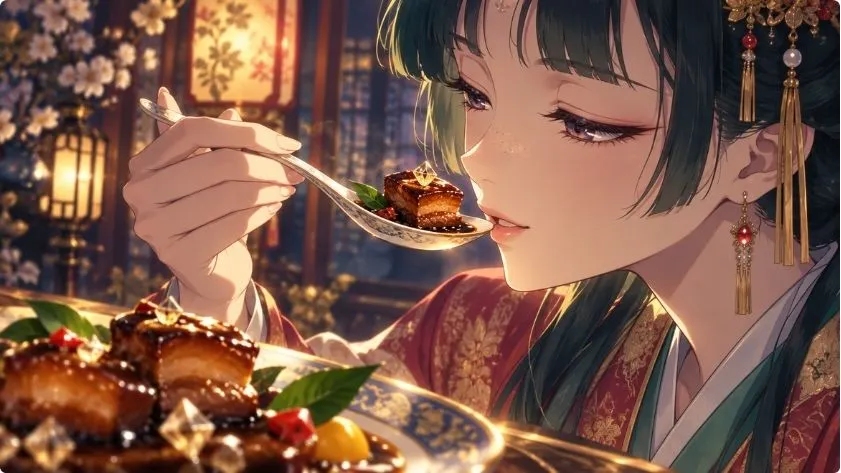 薬屋のひとりごとおせち2027の「豚の角煮 黒酢ソース ダイヤ飾り」を猫猫が食べるイメージ画像。黒酢ソースをまとった豚の角煮と華やかな後宮の雰囲気を表現
