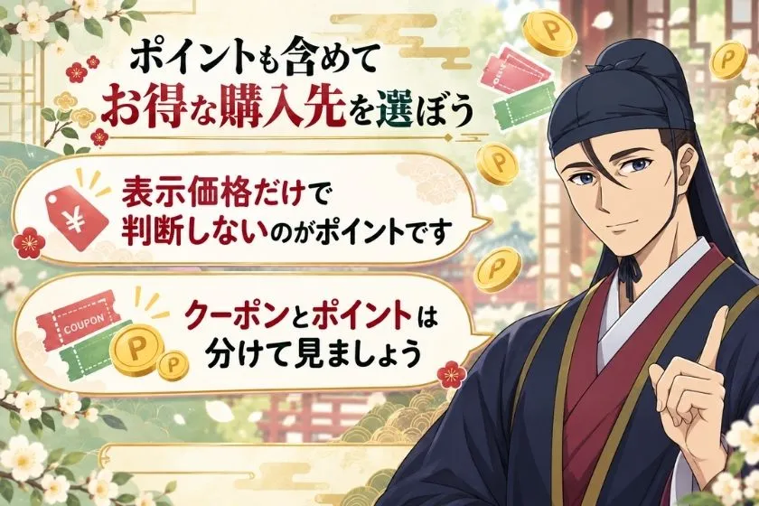 薬屋のひとりごとおせちの購入先選びで、表示価格だけでなくクーポンと楽天ポイントの比較を案内する高順のイラスト