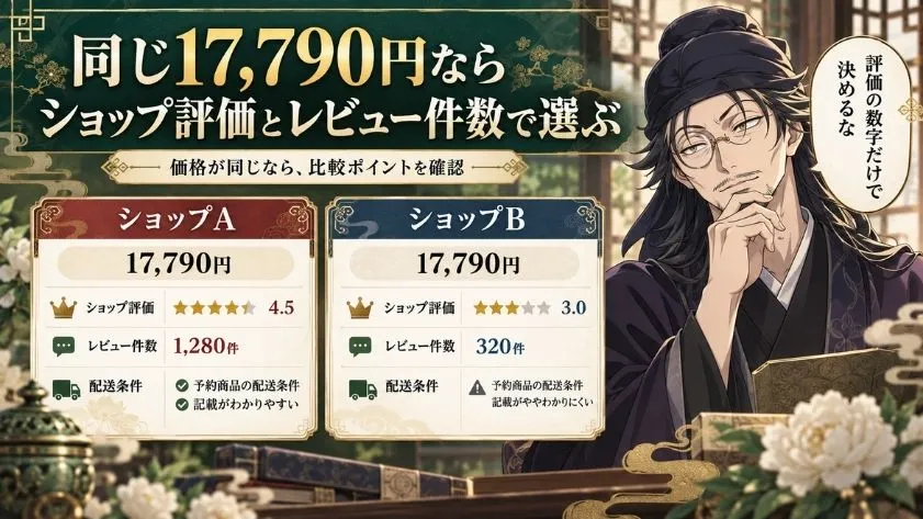 薬屋のひとりごとおせちの購入先を選ぶため、羅漢が同じ17,790円の2店舗についてショップ評価・レビュー件数・配送条件を比較するイラスト