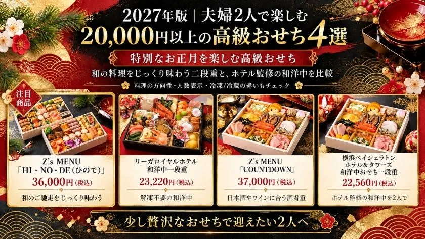 2027年版・夫婦2人で楽しむ2万円以上の高級おせち4選。Z’s MENU「HI・NO・DE(ひので)」、リーガロイヤルホテル和洋中一段重、Z’s MENU「COUNTDOWN」、横浜ベイシェラトンホテル&タワーズ和洋中おせち一段重を比較した画像
