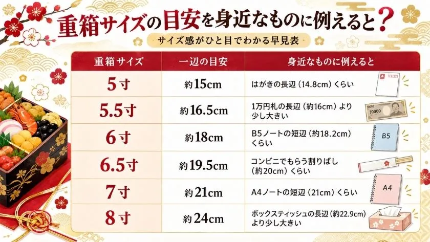 おせちの重箱サイズ5寸〜8寸を身近なものに例えた早見表